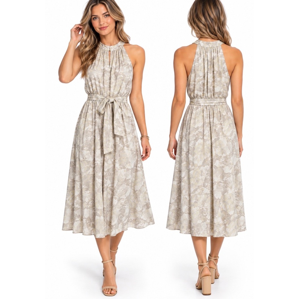 Prologue Midi Dress Womens Small Beige Floral Halter Neck Sleeveless Belted Boho